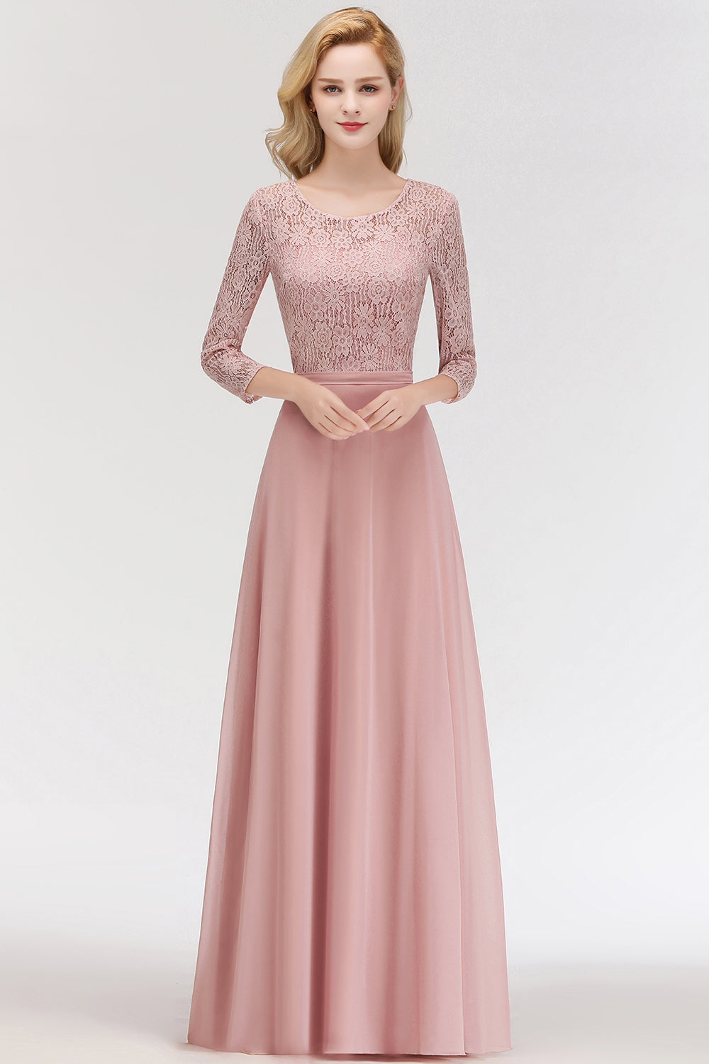 Elegant 3/4 Sleeves Lace Long Dusty Rose Bridesmaid dresses - Fashionpara