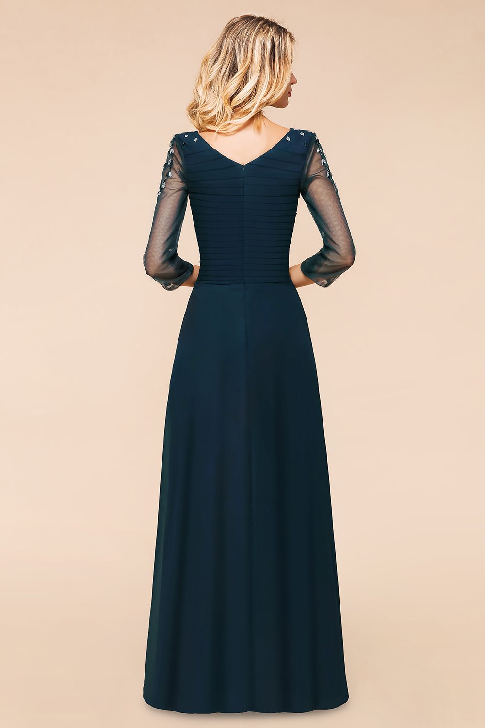 Elegant 3/4 Sleeves Ruffle Navy Chiffon Bridesmaid dresses with Beadings - Fashionpara