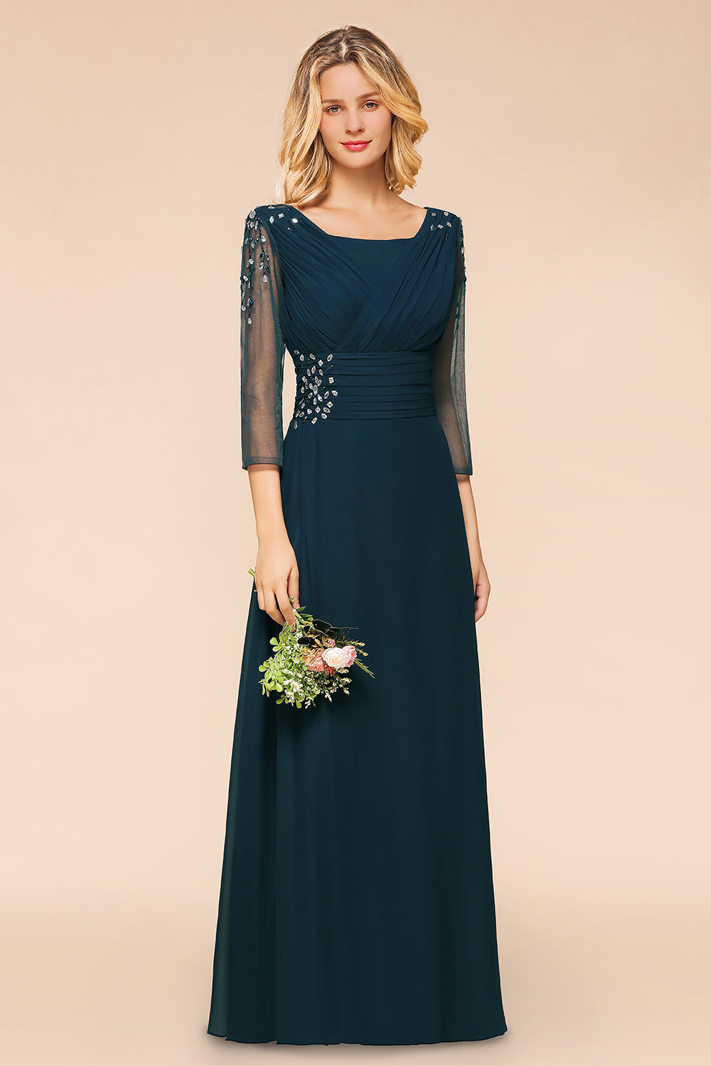Elegant 3/4 Sleeves Ruffle Navy Chiffon Bridesmaid dresses with Beadings - Fashionpara