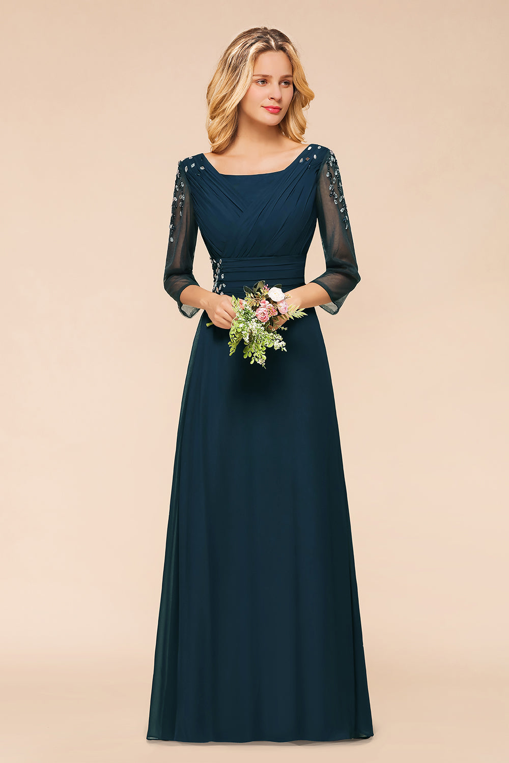 Elegant 3/4 Sleeves Ruffle Navy Chiffon Bridesmaid dresses with Beadings - Fashionpara