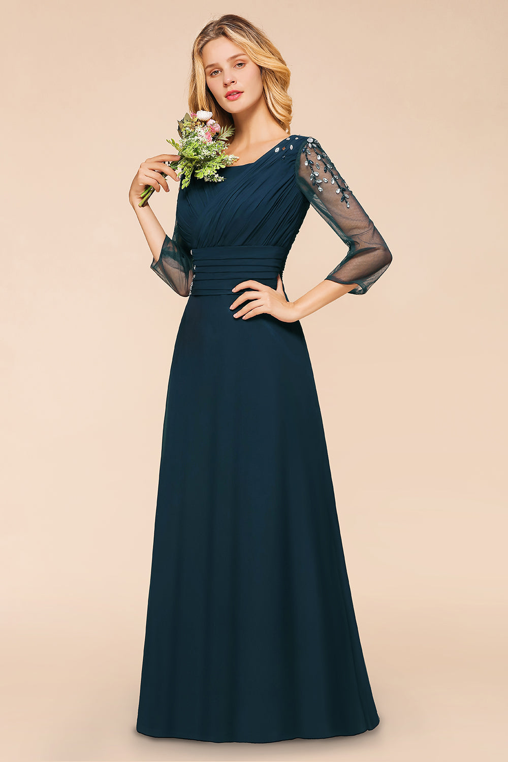 Elegant 3/4 Sleeves Ruffle Navy Chiffon Bridesmaid dresses with Beadings - Fashionpara