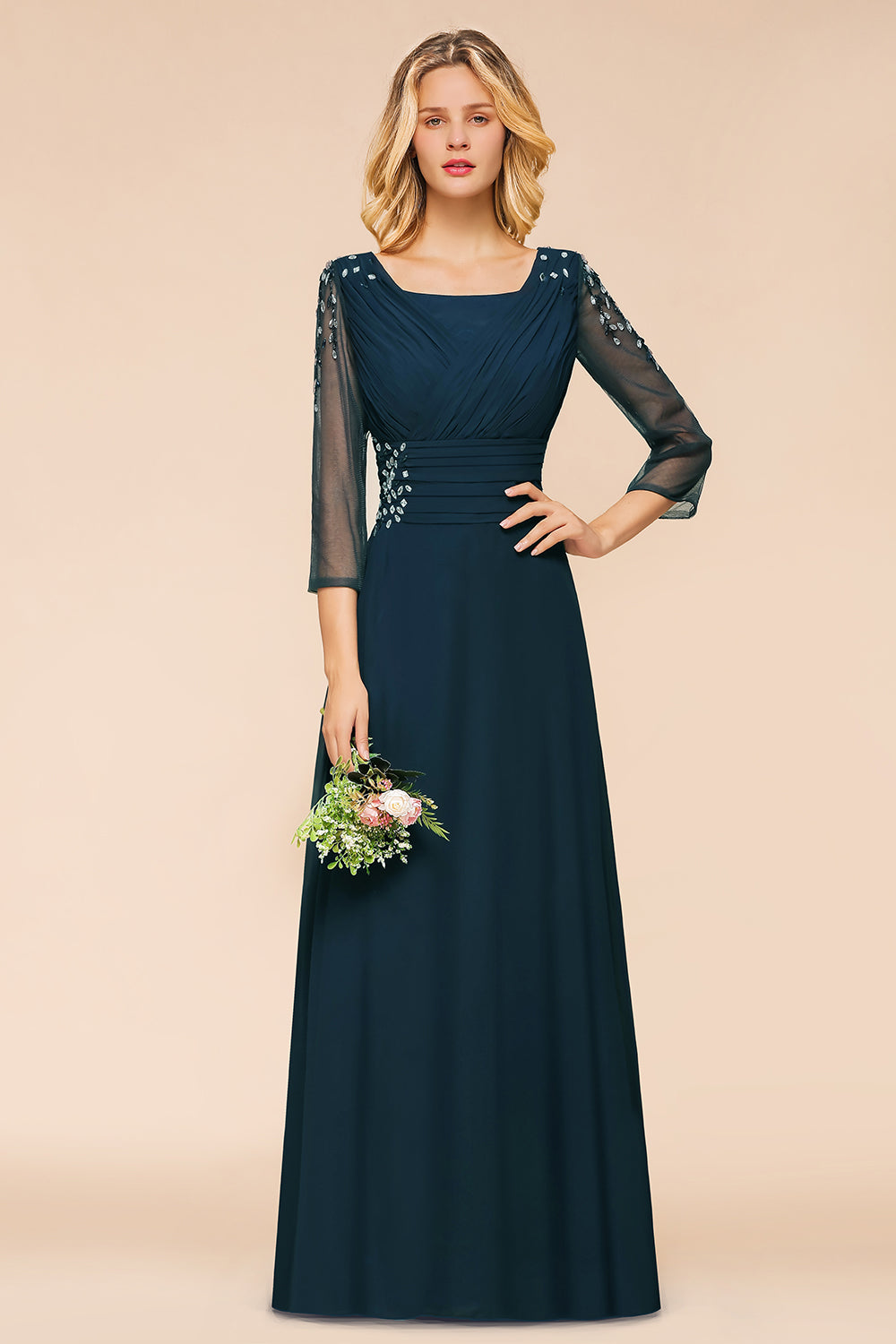 Elegant 3/4 Sleeves Ruffle Navy Chiffon Bridesmaid dresses with Beadings - Fashionpara