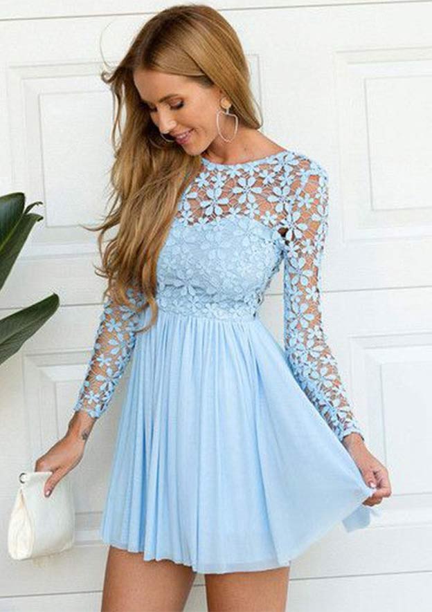 Elegant A-line Bateau Full/Long Sleeve Chiffon Homecoming Dress with Lace - Fashionpara