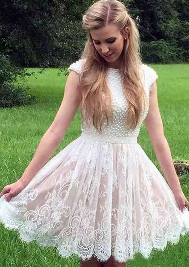 Elegant A-line Bateau Knee-Length Lace Homecoming Dress with Beading - Fashionpara