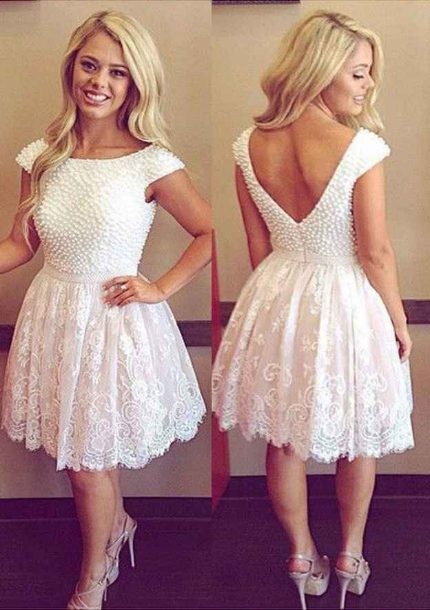 Elegant A-line Bateau Knee-Length Lace Homecoming Dress with Beading - Fashionpara