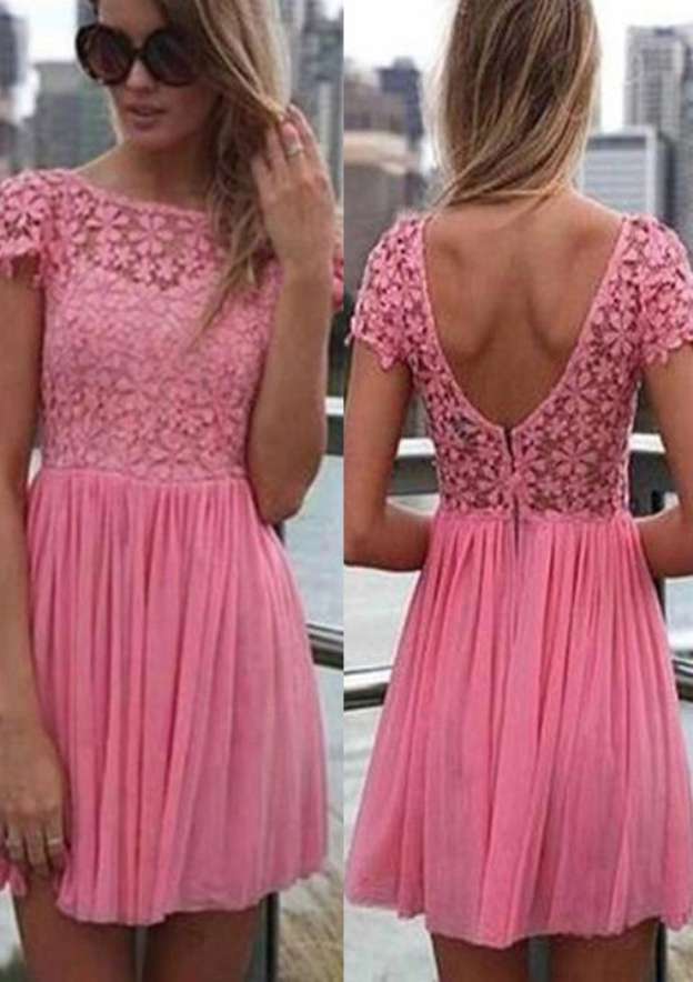 Elegant A-line Bateau Short Sleeve Chiffon Homecoming Dress with Lace - Fashionpara