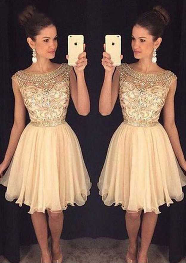 Elegant A-line Bateau Sleeveless Knee-Length Tulle Homecoming Dress With Appliqued Beading - Fashionpara
