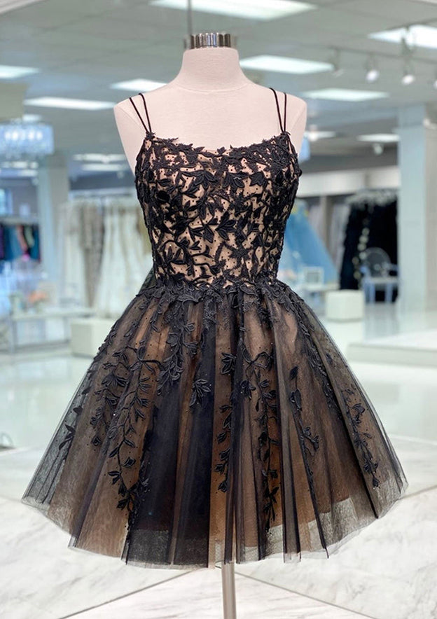 Elegant A-line Bateau Sleeveless Lace Tulle Homecoming Dress with Beading - Fashionpara