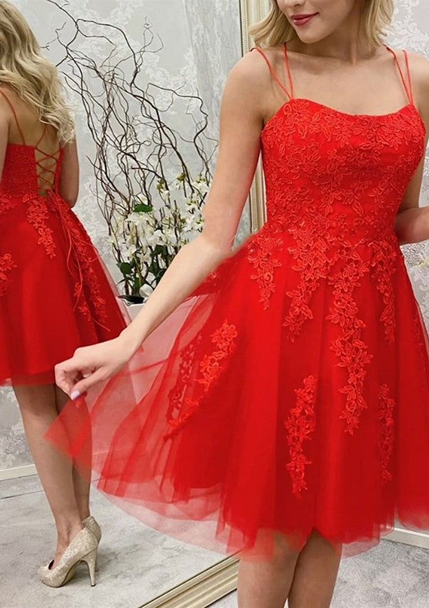 Elegant A-line Bateau Sleeveless Lace Tulle Short Homecoming Dress with Beading - Fashionpara