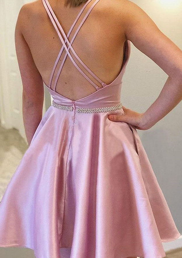 Elegant A-line Bateau Sleeveless Satin Short Homecoming Dress with Beading - Fashionpara