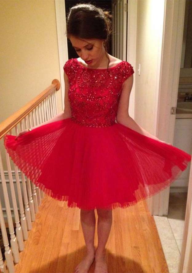 Elegant A-line Bateau Sleeveless Short Tulle Homecoming Dress with Appliqued Beading - Fashionpara