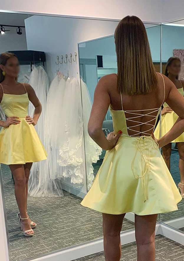 Elegant A-line Charmeuse Homecoming Dress with Square Neckline and Sleeveless Style - Fashionpara