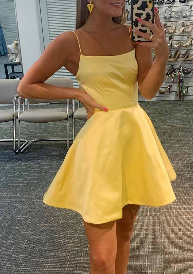 Elegant A-line Charmeuse Homecoming Dress with Square Neckline and Sleeveless Style - Fashionpara