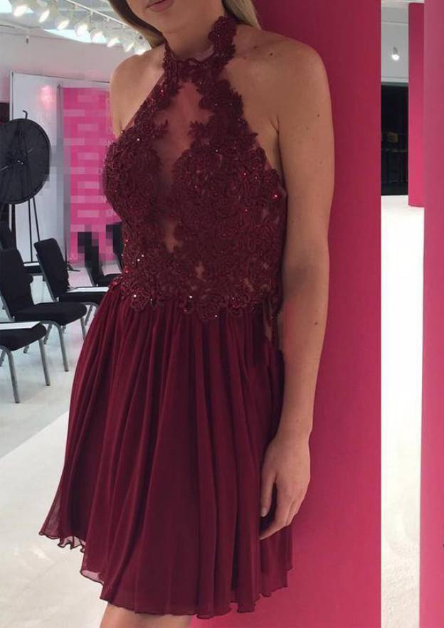 Elegant A-line Halter Chiffon Homecoming Dress with Appliqued Beading - Fashionpara