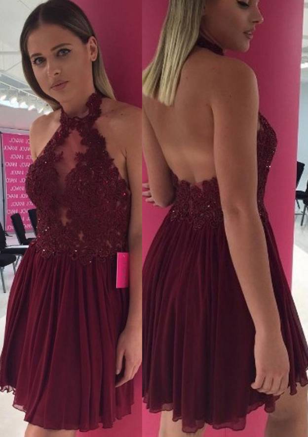 Elegant A-line Halter Chiffon Homecoming Dress with Appliqued Beading - Fashionpara