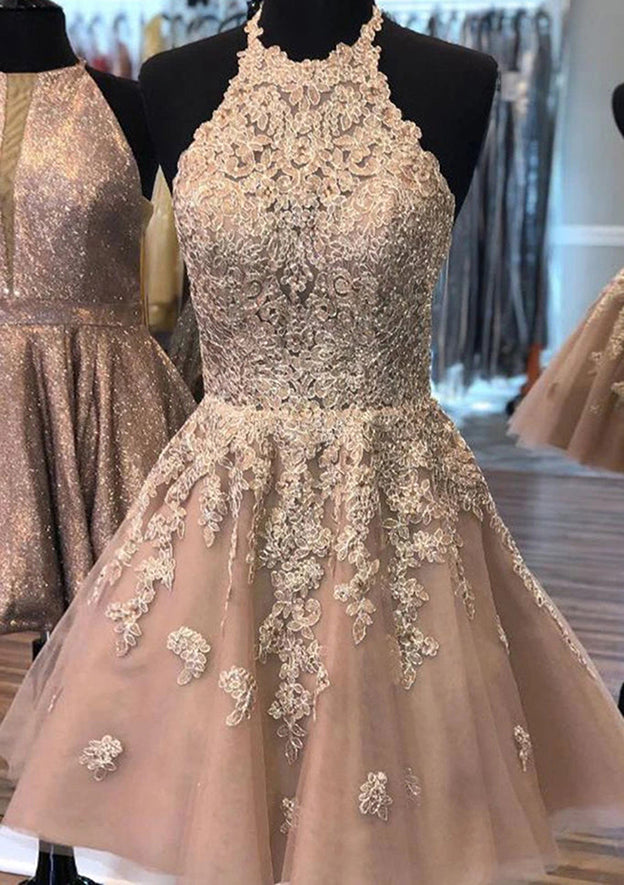 Elegant A-line Halter Homecoming Dress with Beading and Lace - Fashionpara