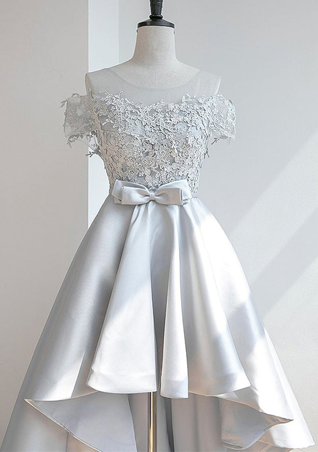 Elegant A-line Illusion Neck Satin Asymmetrical Homecoming Dress with Appliqued Waistband - Fashionpara