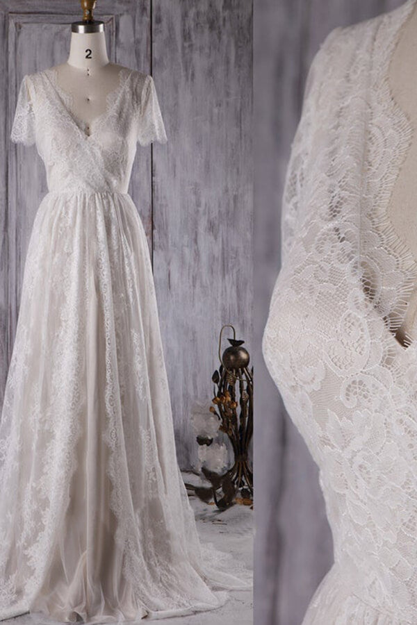 Elegant A-line Lace Wedding Dress Short Sleeves Appliques Bridal Gowns - Fashionpara