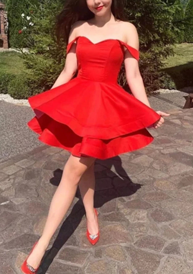 Elegant A-line Off-the-Shoulder Satin Short Homecoming Dress - Fashionpara