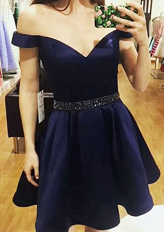 Elegant A-line Off-the-Shoulder Sleeveless Short Homecoming Dress With Beading Pleated - Fashionpara