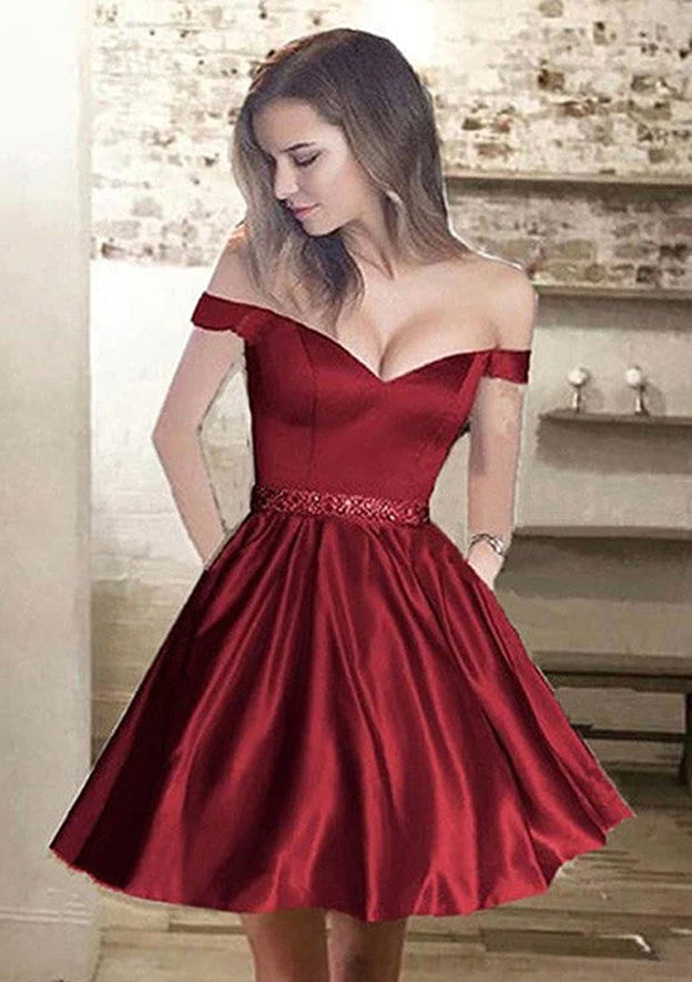 Elegant A-line Off-the-Shoulder Sleeveless Short Homecoming Dress With Beading Pleated - Fashionpara