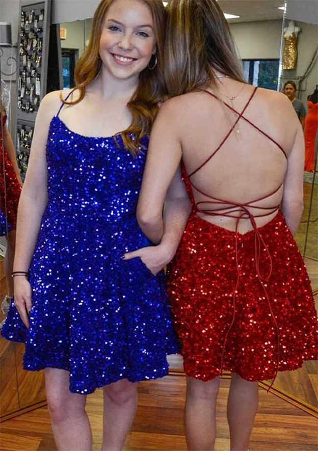 Elegant A-line Scoop Neck Sleeveless Short Velvet Sequins Homecoming Dress - Fashionpara