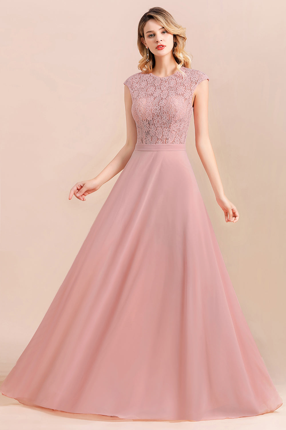 Elegant A-Line Sleeveless Dusty Rose Lace Bridesmaid Dresses - Fashionpara