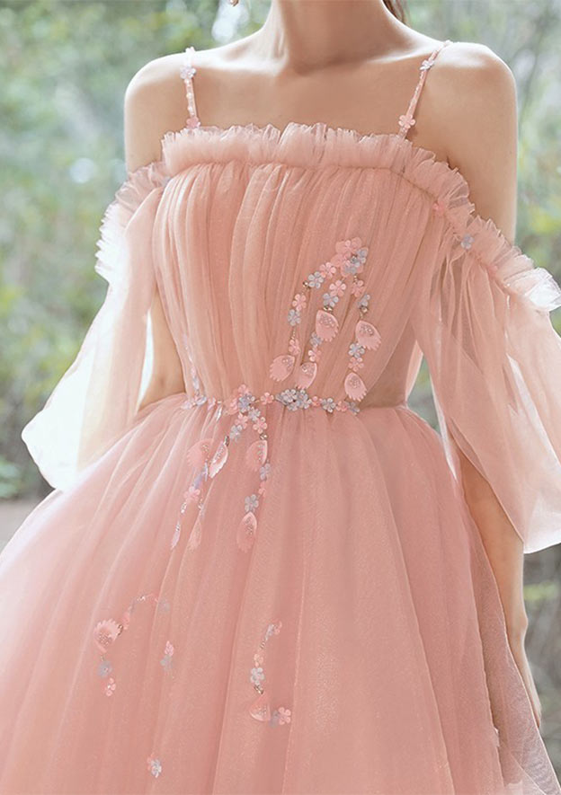 Elegant A-line Square Neckline Short Sleeve Tulle Homecoming Dress with Beading Pleats - Fashionpara