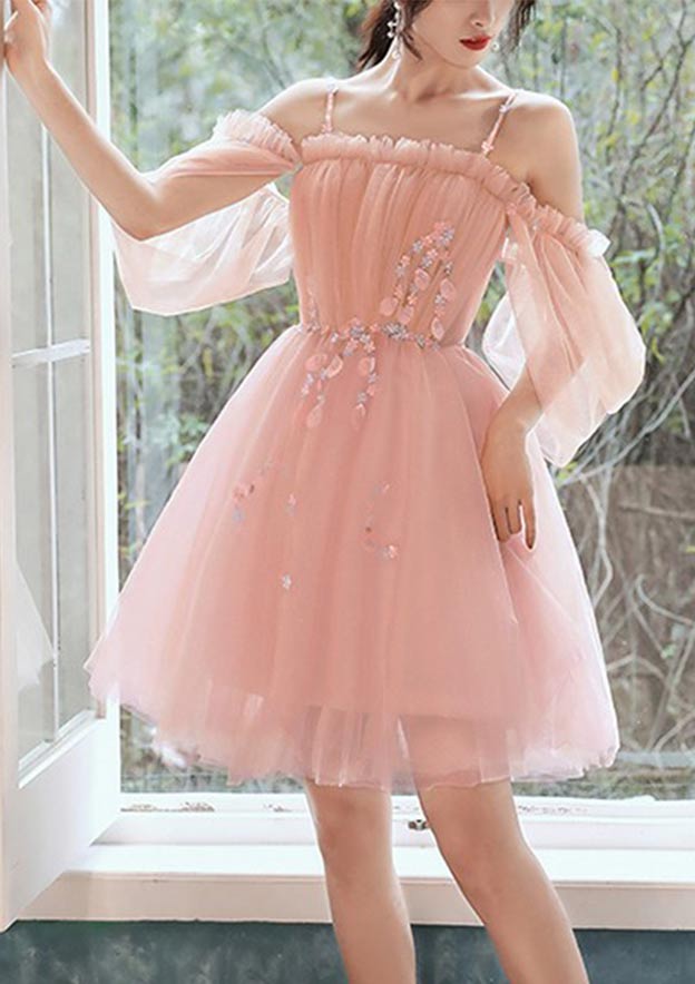 Elegant A-line Square Neckline Short Sleeve Tulle Homecoming Dress with Beading Pleats - Fashionpara