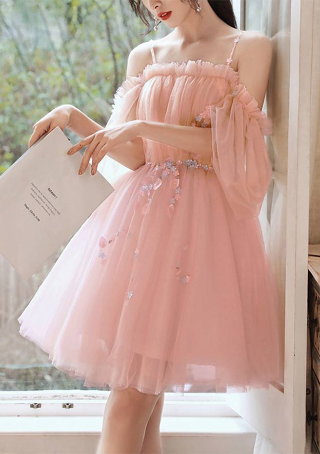 Elegant A-line Square Neckline Short Sleeve Tulle Homecoming Dress with Beading Pleats - Fashionpara