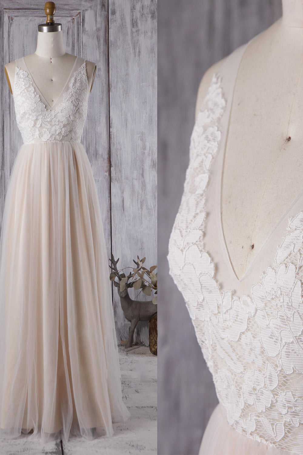 Elegant A-line Tulle Lace Wedding Dress V-neck Appliques Ruffles Bridal Gowns On Sale - Fashionpara