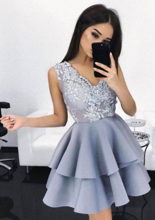 Elegant A-line V-Neck Elastic Satin Short Dress with Ruffles - Fashionpara
