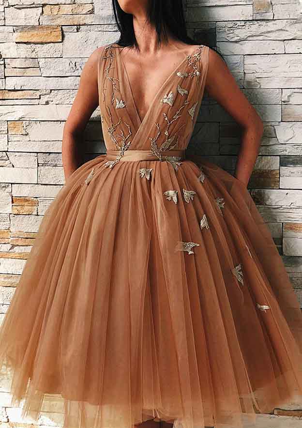Elegant A-line V Neck Embroidered Tulle Homecoming Dress - Fashionpara