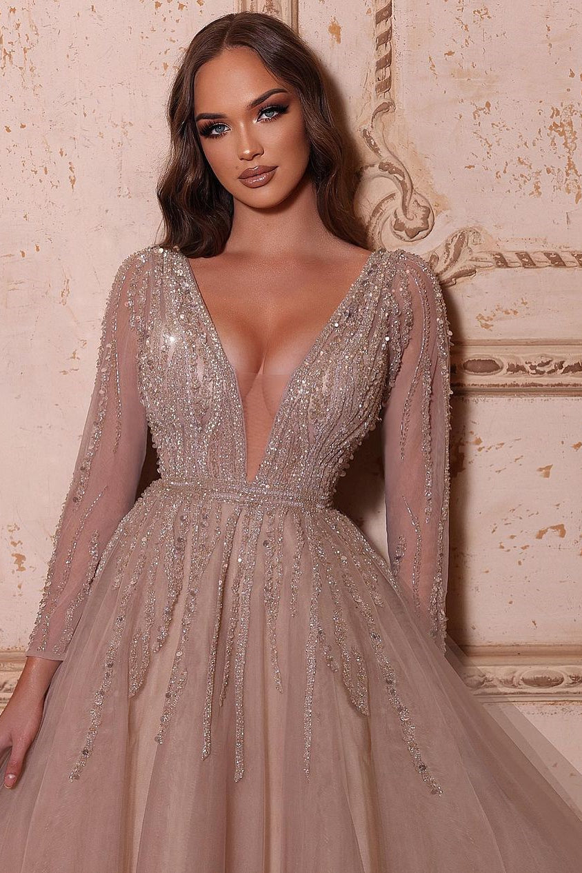 Elegant A-line V-neck Long Sleeves Beading Prom Dress