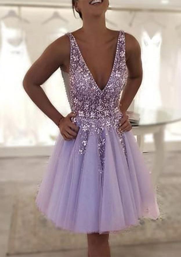 Elegant A-line V-Neck Sleeveless Knee-Length Tulle Homecoming Dress with Beaded Sequins - Fashionpara