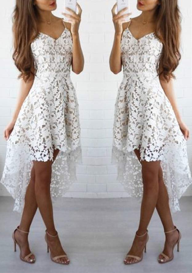 Elegant A-line V-Neck Sleeveless Lace Asymmetrical Homecoming Dress - Fashionpara