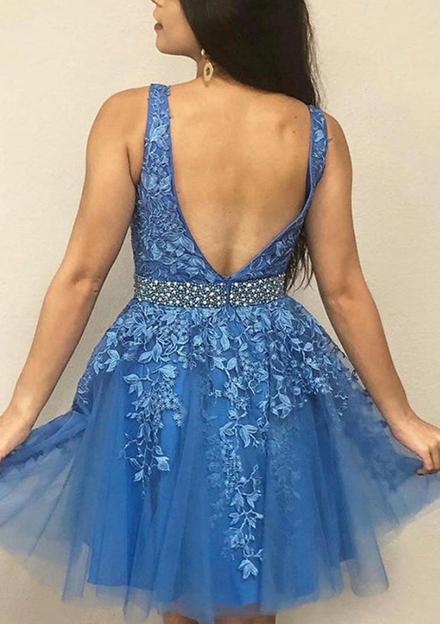 Elegant A-line V Neck Sleeveless Tulle Short Dress with Appliqued Beading Lace - Fashionpara
