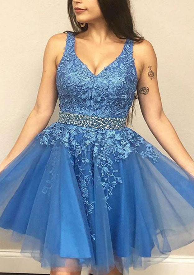 Elegant A-line V Neck Sleeveless Tulle Short Dress with Appliqued Beading Lace - Fashionpara