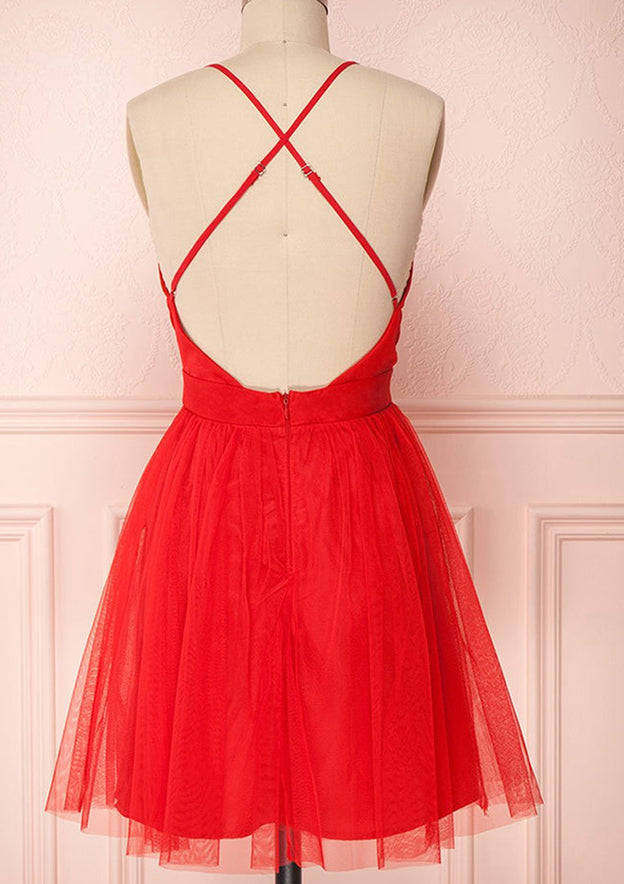 Elegant A-line V Neck Sleeveless Tulle Short Homecoming Dress With Pleated - Fashionpara