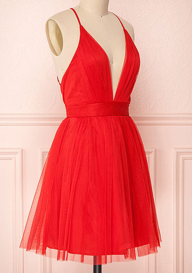 Elegant A-line V Neck Sleeveless Tulle Short Homecoming Dress With Pleated - Fashionpara