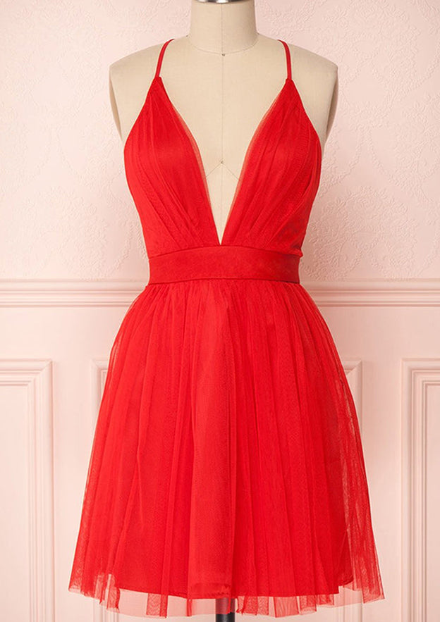 Elegant A-line V Neck Sleeveless Tulle Short Homecoming Dress With Pleated - Fashionpara