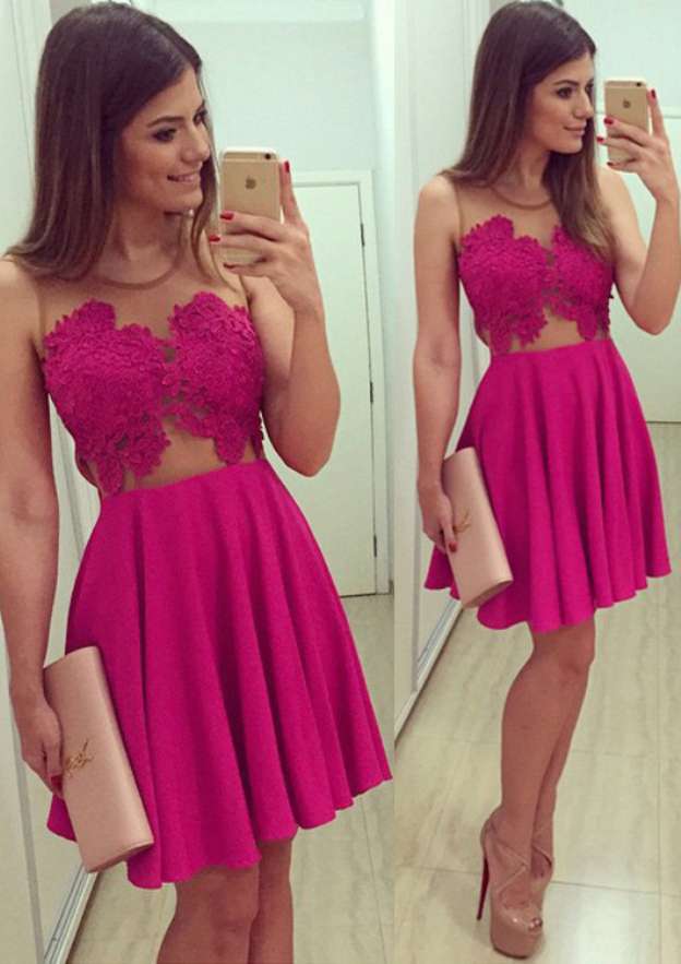 Elegant A-line/Princess Bateau Short Elastic Satin Cocktail Dress With Appliqued - Fashionpara