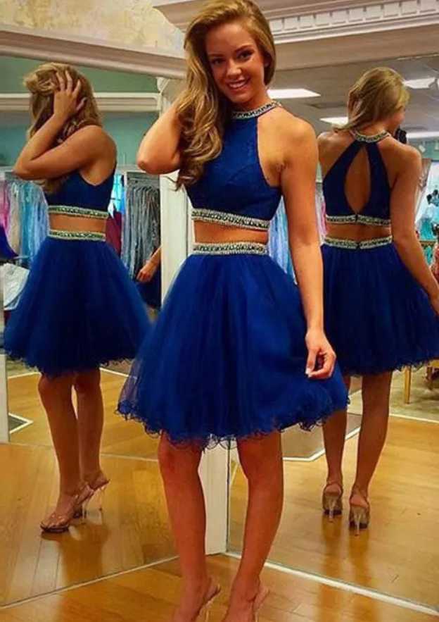 Elegant A-line/Princess Bateau Short Tulle Homecoming Dress With Beaded - Fashionpara