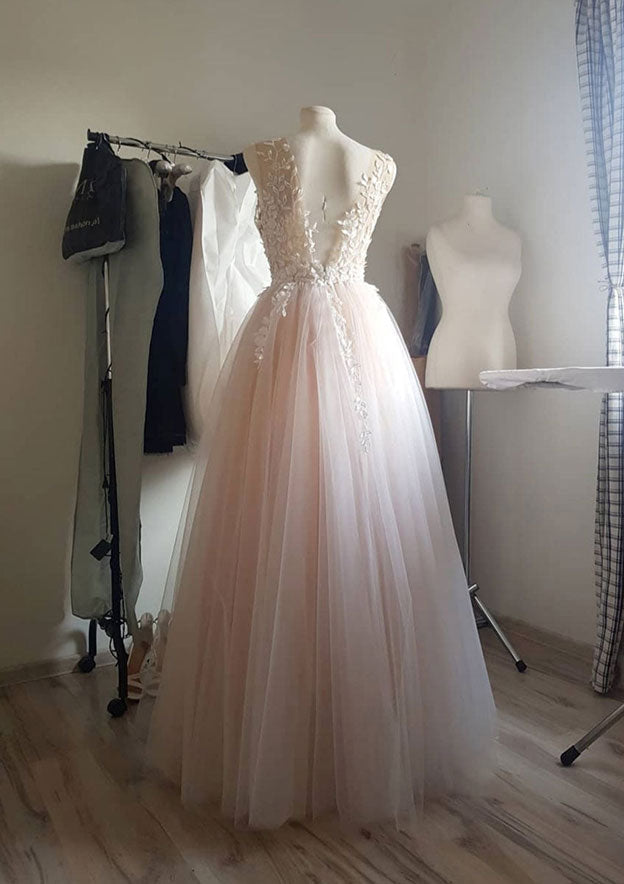 Elegant Ball Gown Illusion Neck Tulle Prom Dress/Evening Dress with Appliqued Laced - Fashionpara
