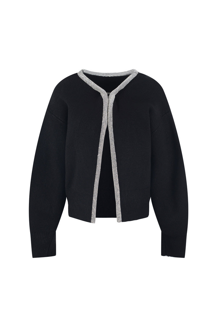 Elegant Bicolor Crystal Collar Long Sleeve Ribbed Knit Wool Blend Cardigan - Fashionpara