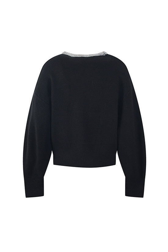 Elegant Bicolor Crystal Collar Long Sleeve Ribbed Knit Wool Blend Cardigan - Fashionpara