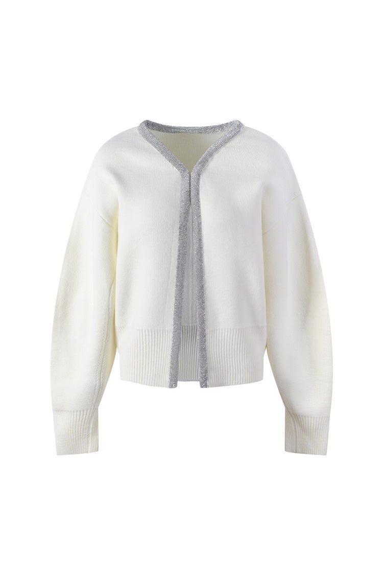 Elegant Bicolor Crystal Collar Long Sleeve Ribbed Knit Wool Blend Cardigan - Fashionpara