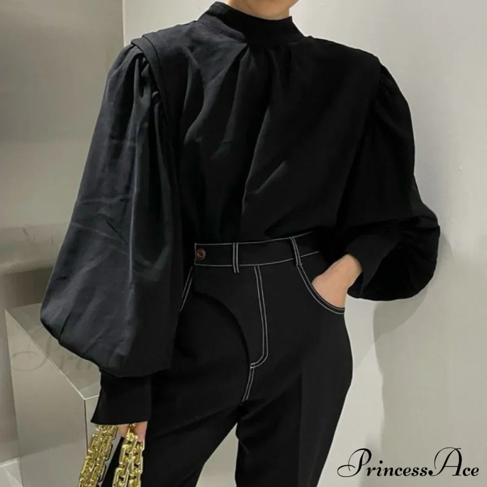 Black Lantern Sleeve Button-Up Blouse - Fashionpara