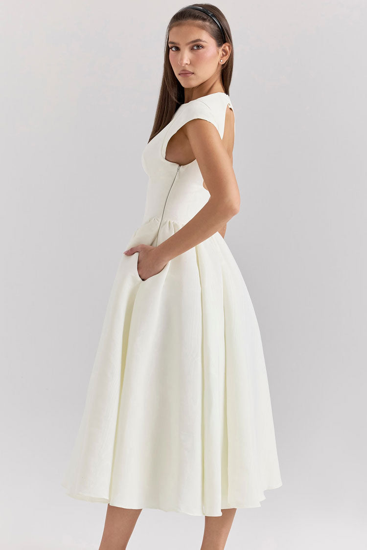 Elegant Boat Neck Cap Sleeve Cutout Back Fit & Flare Cocktail Midi Dress