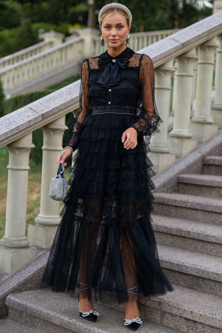 Bow Tie Neck Long Sleeve Glitter Dot Tulle Tiered Ruffle Maxi Dress